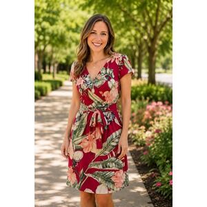 Ann Taylor Tropical Floral Print Knee Length Wrap Dress Womens 8 Burgundy Multi